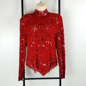 Vintage 1990 Liza Carr Women’s Size S Beaded Silk Top Red Long Sleeve Y2K